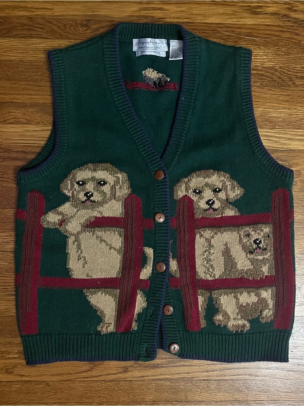 Vtg 90s Puppy hand embroidered cardigan vest L RL Northern Isles cottage grandma